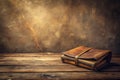 Aged leather-bound journal resting on rustic wooden tabletop against a textured background. Generative AI Royalty Free Stock Photo