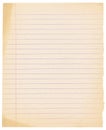 Aged lined sheet of copybook. Empty vintage lined sheet of paper with red vertical margin. Royalty Free Stock Photo