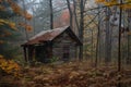 An aged log cabin stands amidst a dense forest, with towering trees enclosing it, Cobweb laden rustic cabin in the woods, AI