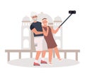 Aged male and female traveling around world, selphie concept, simple flat vector illustration on white background