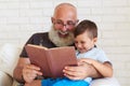 Aged man with white beard reading a book to his grandson at home Royalty Free Stock Photo