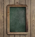 Aged menu blackboard hanging on wooden wall Royalty Free Stock Photo