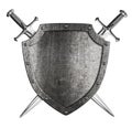 Aged metal knight shield with two crossed swords coat of arms