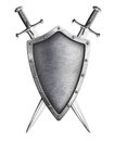 Aged metal knight shield with two crossed swords coat of arms