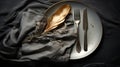 Aged Metal Still Life: Shaky Napkin With Knife, Fork, And Feather