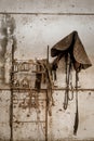 Aged old horse barn interior with equipment hanging on wall Royalty Free Stock Photo