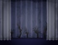 Aged old room with grunge wallpaper, transparent curtain and shadows of creepy hands for Halloween design