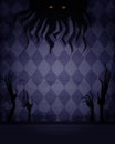 Aged old room with grunge wallpaper, shadow of spooky creature and creepy hands for Halloween design