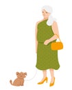 Aged old woman with gray hair walks with a dog. Illustration on the theme of active pensioners