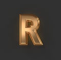 Aged orange gold or copper metal alphabet - letter R isolated on grey background, 3D illustration of symbols