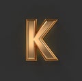 Aged orange gold or copper brassy font - letter K isolated on grey background, 3D illustration of symbols