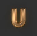 Aged orange gold or copper metallic alphabet - letter U isolated on grey, 3D illustration of symbols