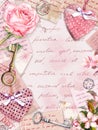 Aged paper with rose flowers, hand written letters, keys, roses, pink textile hearts. Vintage card
