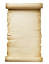 Aged paper scroll with worn, yellowed surface with copy space isolated on white background