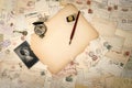 Aged papers, antique accessories and old postcards. Vintage back Royalty Free Stock Photo