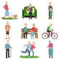 Aged people characters in different situations set, active lifestyle of elderly men and women cartoon vector