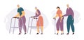 Aged People Walking with Sticks. Happy Senior Man and Woman Characters Together. Elderly People with Paddle Walker Royalty Free Stock Photo