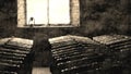 Aged Photo of historical wine barrels in window Royalty Free Stock Photo