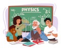 Aged Physics Teacher Character , Passionately Imparts Wisdom To Eager Kids In A Classroom Adorned With Equations