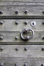 Aged planks with old rivets, bolts, door handle. The gothic door in the medieval teutonic knights castle Malbork, Poland. Royalty Free Stock Photo