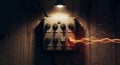 An old electrical control panel with six knobs mounted on a dirty concrete wall featuring a dramatic orange lightning bolt effect Royalty Free Stock Photo