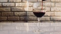 Pouring natural wine into a glass from a bottle,red wine on the background of a white brick wall,close-up. Royalty Free Stock Photo