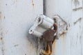 Aged rusted metall gate closed steel old padlock safety