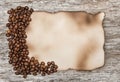 Aged sheet of paper with coffee beans