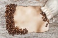 Aged sheet of paper with coffee beans