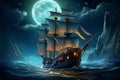 An aged ship sailing the sea under a radiant full moon