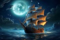 An aged ship sailing the sea under a radiant full moon