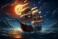 An aged ship sailing the sea under a radiant full moon