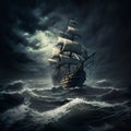 Aged ship on sea with storm clouds