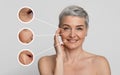 Aged Skin Care. Collage of beautiful mature woman with zoomed wrinkles zones Royalty Free Stock Photo