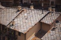 Aged slate roof tiles close-up. Detail of Old Slate Roof Tiles. slate shingles,beautiful detailed slate roof. Royalty Free Stock Photo