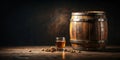Aged spirit in a small glass next to a wooden cask on a rustic table. Generative AI Royalty Free Stock Photo