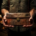 Aged treasure holder Vintage wallet, empty, held in hands, depicting nostalgia and scarcity