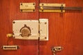 Aged Vintage Door Locks On A Wooden Door With Chain And Security Royalty Free Stock Photo