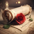 An old scroll of paper with a beautiful red rose. Royalty Free Stock Photo