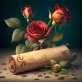 An old scroll of paper with a beautiful red rose. Royalty Free Stock Photo