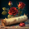 An old scroll of paper with a beautiful red rose. Royalty Free Stock Photo