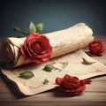 An old scroll of paper with a beautiful red rose. Royalty Free Stock Photo