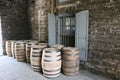 Aged whiskey, scotch, bourbon barrels in Kentucky ready for transportation Royalty Free Stock Photo