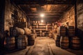 aged whiskey barrels stacked in a rustic warehouse