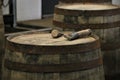 Aged whiskey/scotch/bourbon barrels in Kentucky ready for transportation Royalty Free Stock Photo