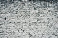 Aged white painted brick wall texture. Old textured grunge wall surface background pattern of masonry. Cracks and black stains. Royalty Free Stock Photo