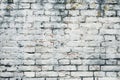 Aged white painted brick wall texture. Old textured grunge wall surface background pattern of masonry. Cracks and black stains. Royalty Free Stock Photo