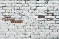 Aged white painted brick wall texture. Old textured grunge wall surface background pattern of masonry. Cracks and black stains. Royalty Free Stock Photo