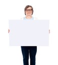 Aged woman displaying blank poster