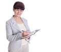 Aged woman posing like an office worker, administrator, secretary. Portrait against of white background Royalty Free Stock Photo